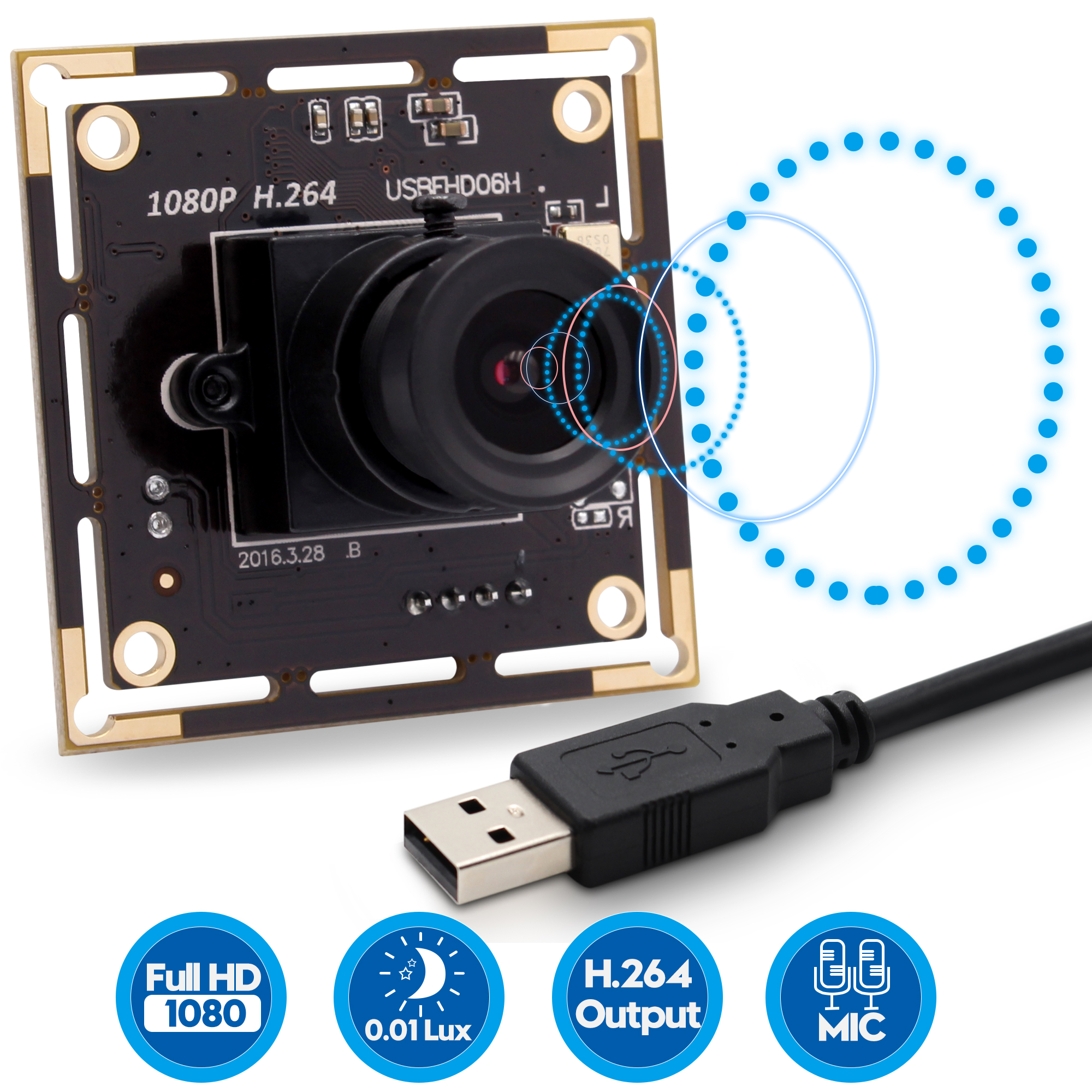 ELP 2MP 1080P USB Camera Module with Sony IMX323 Webcam,H.264 and 0.01LUX Low Illumination USB Camera for Industrial Webcam,High Speed USB 2.0 USB Camera with 3.6mm Lens for Android Mac-OS Windows